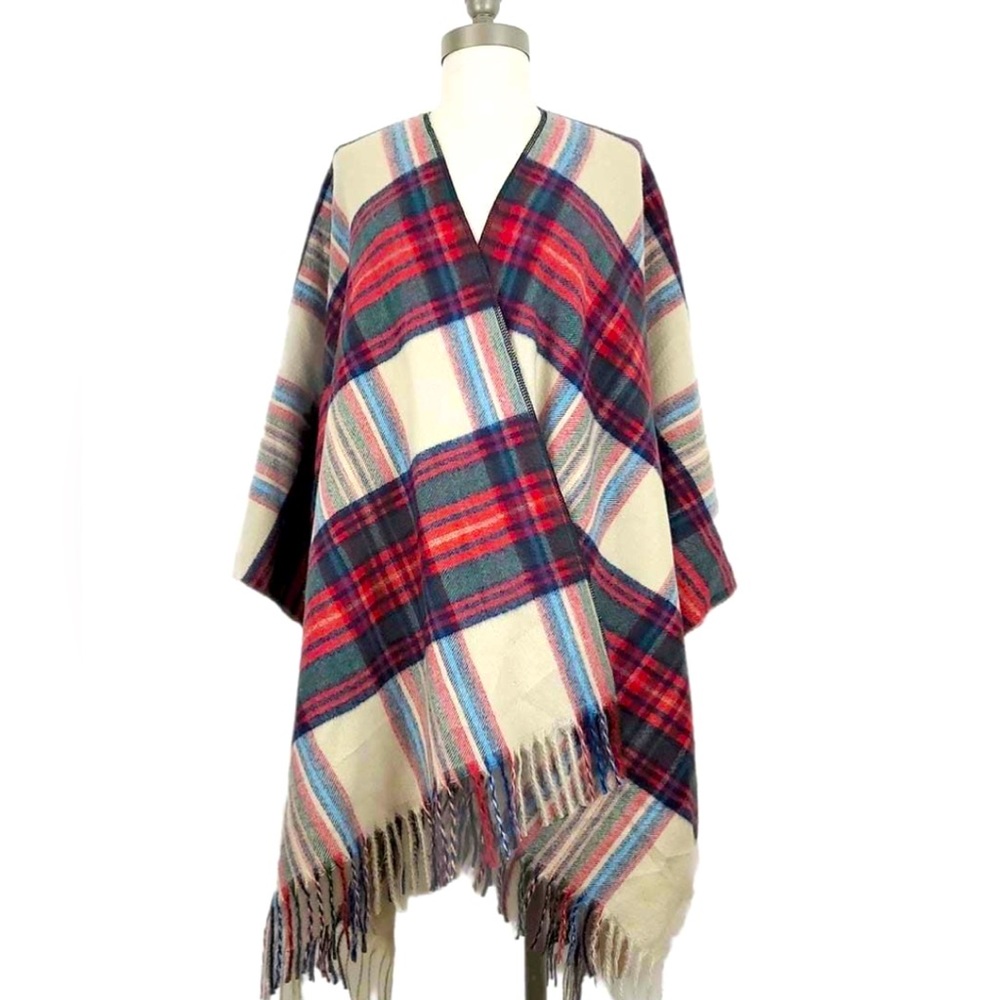 Plaid Ruana cape White